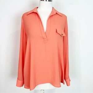 BELLATRIX ORANGE LONG ROLL TAB SLEEVE HENLEY NECKLINE BLOUSE WOMENS SZ SMALL